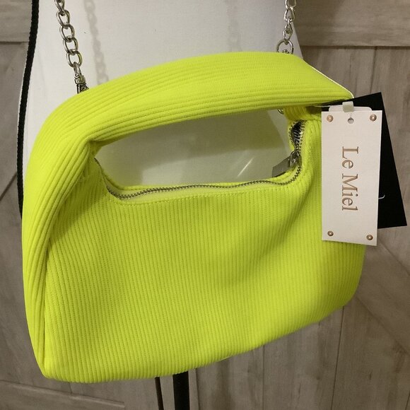 LE-MIEL-STATEMENT NEON YELLOW TOP HANDLE BAG WITH SILVER CROSBODY HARDWAREK-NWT - Picture 10 of 11